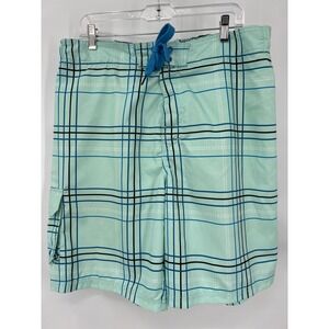 Joe Boxer Mens Swim Trunks Mint Green Plaid Cargo Pocket Mesh Lined Size Large